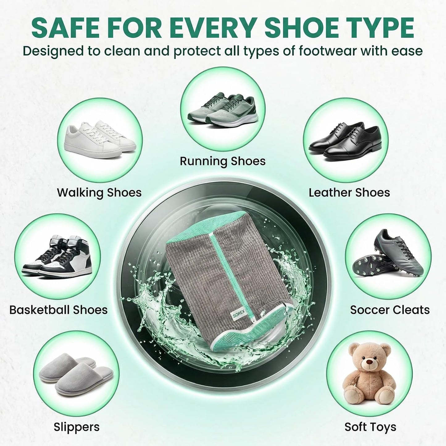 Shoe Washing Machine Bag with Zippered Pocket | Durable Mesh Sneaker Laundry Bag with 2 Laundry Balls & Shoe Washing Brush, Heavy Duty Zipper, No Color Transfer (White)