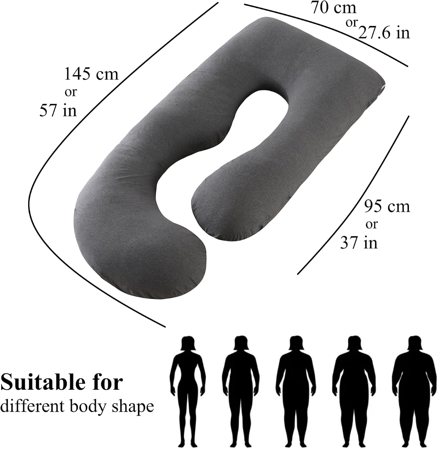 ALLOPERA Pregnancy Pillows for Sleeping, 57-Inch U-Shaped Full Body Maternity Pillow with Adjustable Fill and Removable Washable Cover, Back, Belly, Hip and Leg Support for Pregnant Women, Black Grey