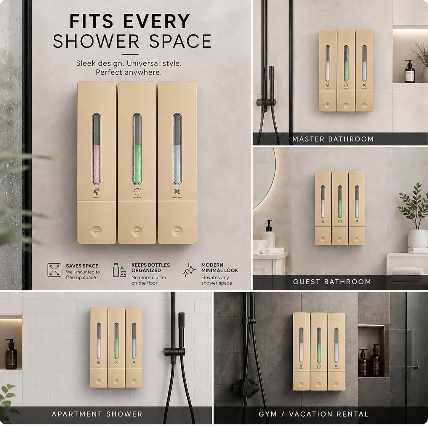Shampoo and Conditioner Dispenser - Wall-Mounted 3-Chamber Shower Soap Dispenser, No-Drill, 1200ML Capacity, for Bathroom & Hotel
