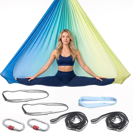 Blue-Green Gradient & Dark Green Aerial Yoga Hammock (400x180 cm / 157"x71"), Soft Silk Swing for Anti-Gravity Yoga, Inversion Therapy, Ideal for Strength, Flexibility Training and Stress Relief