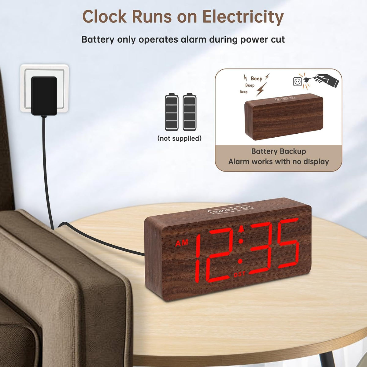 DreamSky Wooden Digital Alarm Clock for Bedroom with Large Numbers