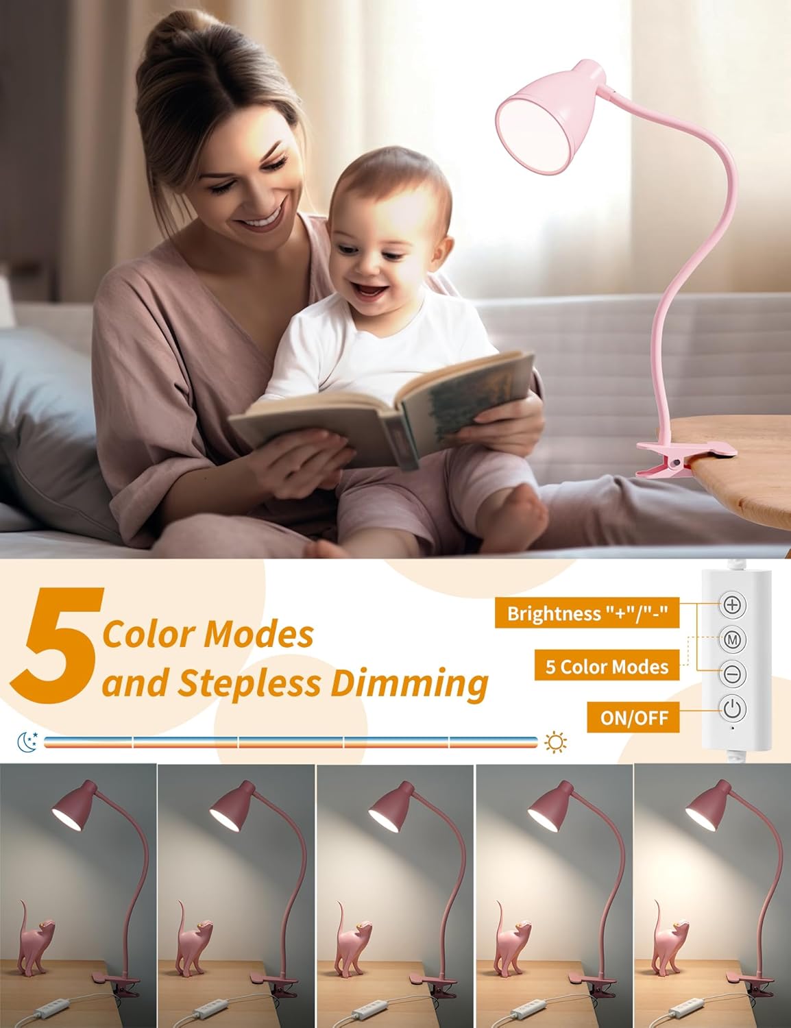 BOHON Desk Lamp 5 Color Modes 10 Brightness Dimmer Reading Light Black | 10W 38 LED Clamp Lamp with Auto Off Timer 360° Flexible Neck Clip on Light for Bed Bedside, AC Adapter Include