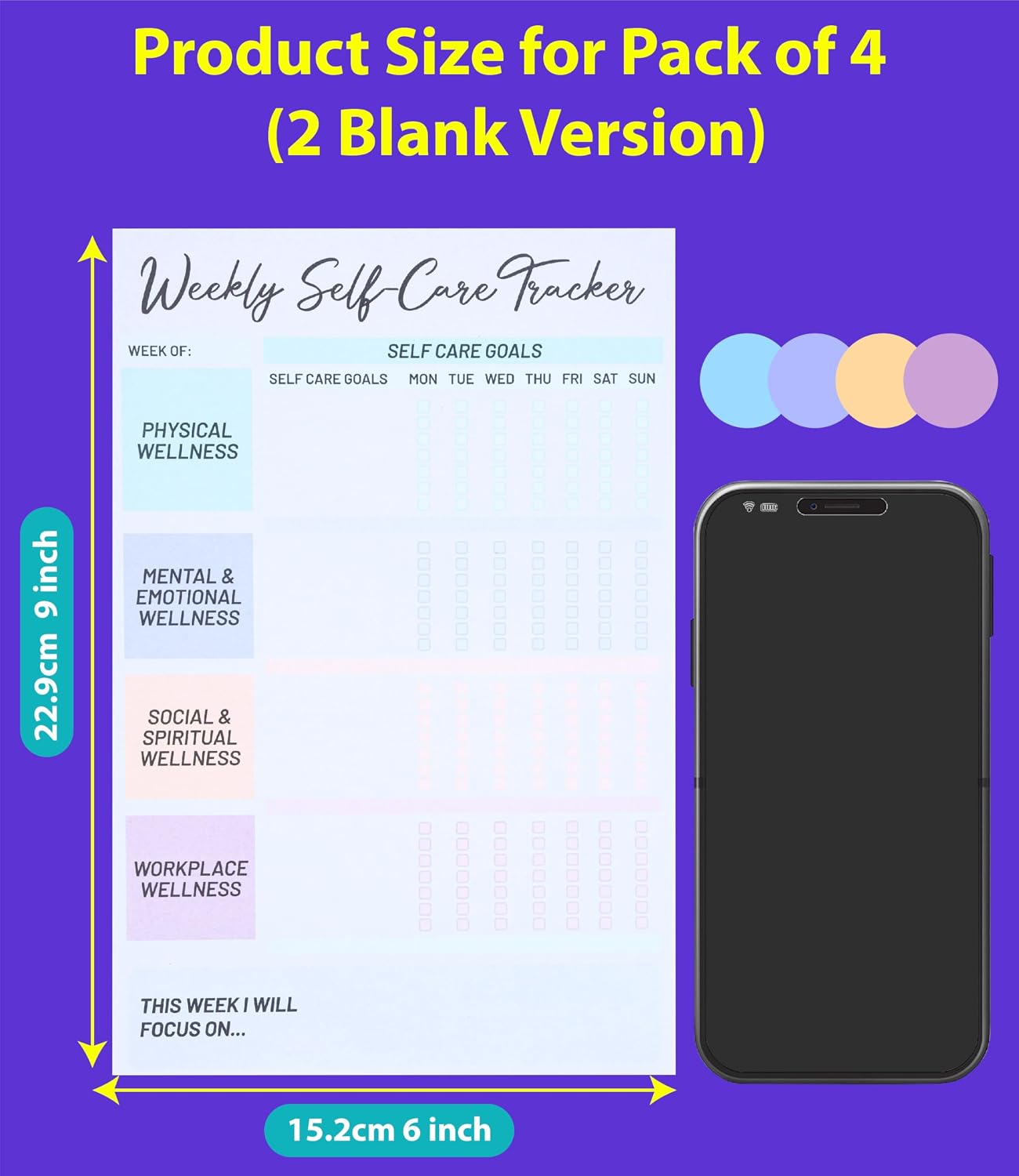 4 Pack Self Care Weekly Tracker Notepads (2 Blank + 2 Guided), 6 ''x 9'' | Planner Pads, 52 Pages Each, Undated Self Care Pads for Physical, Mental and Emotional, Social and Spiritual, Workplace