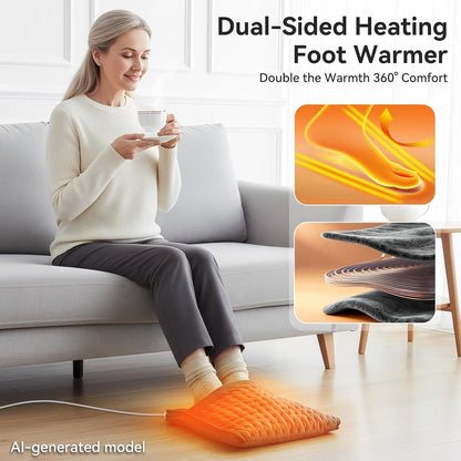 Electric Foot Warmer for Feet: Double Sided Foot Heated Pad with Six Adjustable Four Timed Options Machine Washable Easy to Fold, Feet Warmer for Bed Desk Office Birthday/Christmas Gift