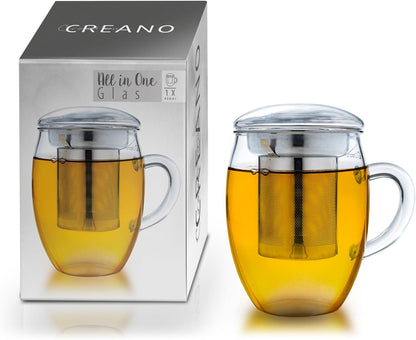Creano Tea Glass with Infuser and Lid 400ml - Large Tea Cup - Microwave & Dishwasher Safe - Loose Leaf Tea Maker Gift Set
