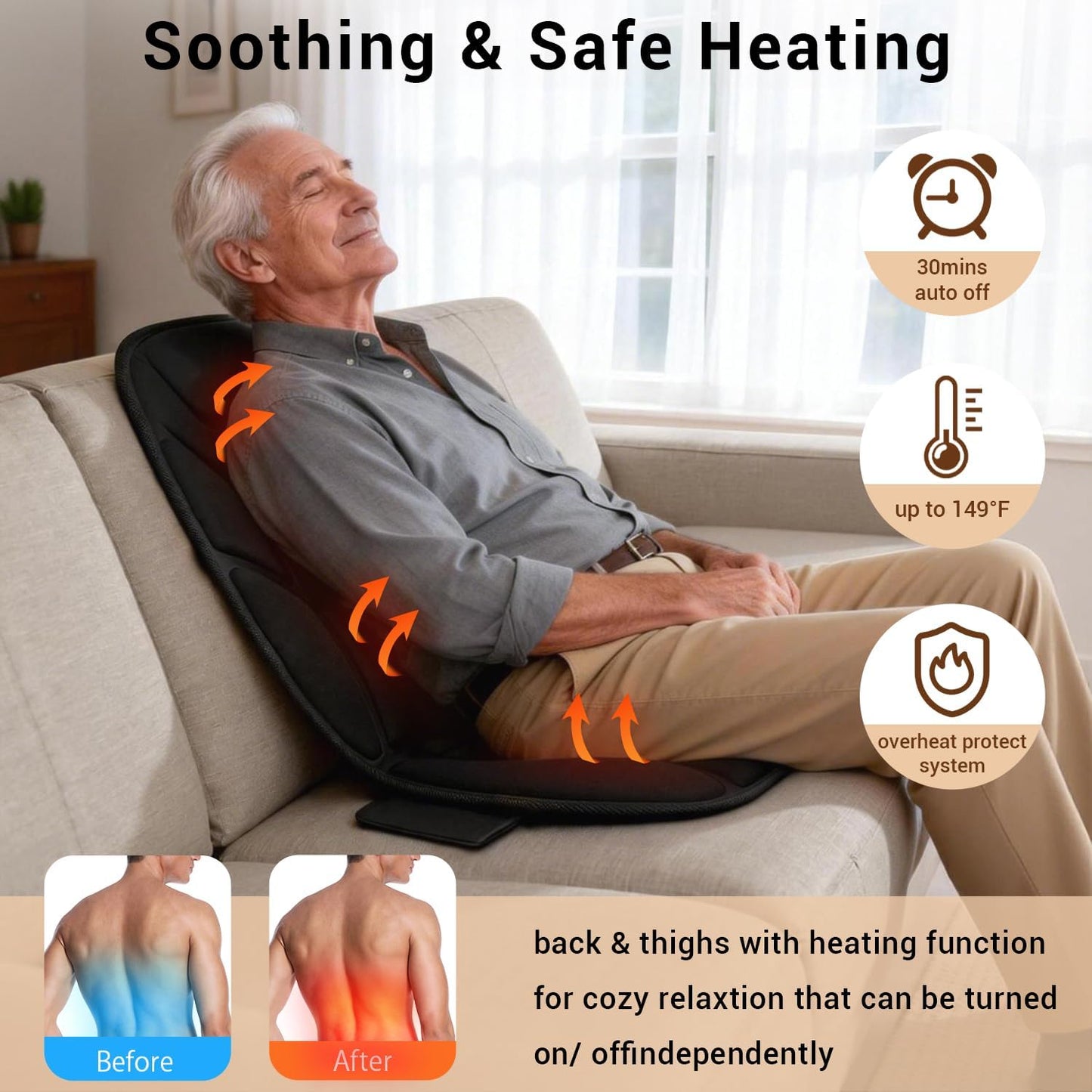 CARSHION Massage Chair Pad with Full Back Thighs Heat | Back Massager for Chair with 3 Heating Pads 6 Vibrating Motors, Massage Seat Cover for Home Office, Heated Seat Cover Warmer