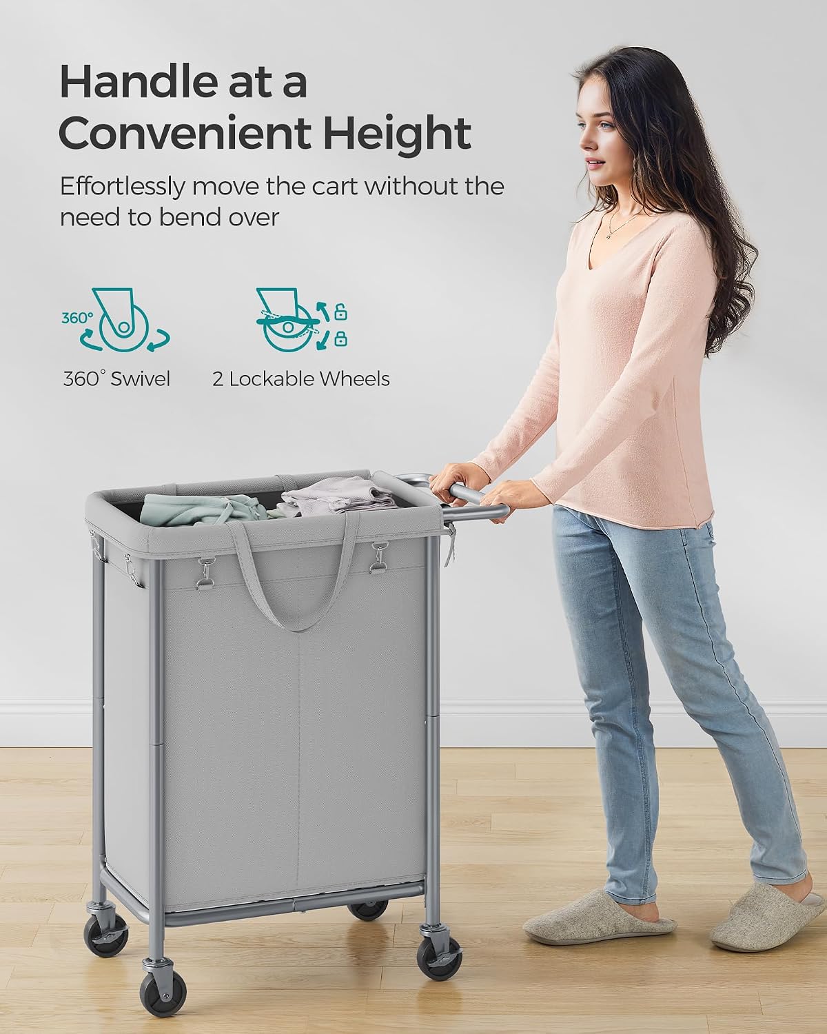 SONGMICS Laundry Basket with Wheels, 4-Section Rolling Laundry Hamper, 68.6 Gallons (260 L), Removable Liner, Steel Frame with Handle, 43.3 x 15.4 x 31.9 Inches, Cream White URLS014W01