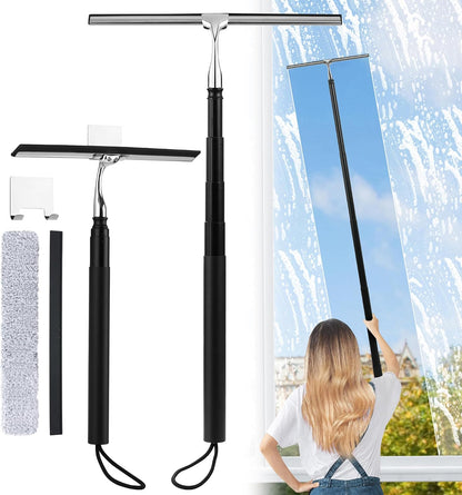 Toncoke 2 in 1 Window Squeegee, Shower Squeegee Window Cleaning Kit with Extension Pole Long Handle Squeegee for Shower Glass Floor Bathroom Home Outdoor, 12 inch Wide, Black