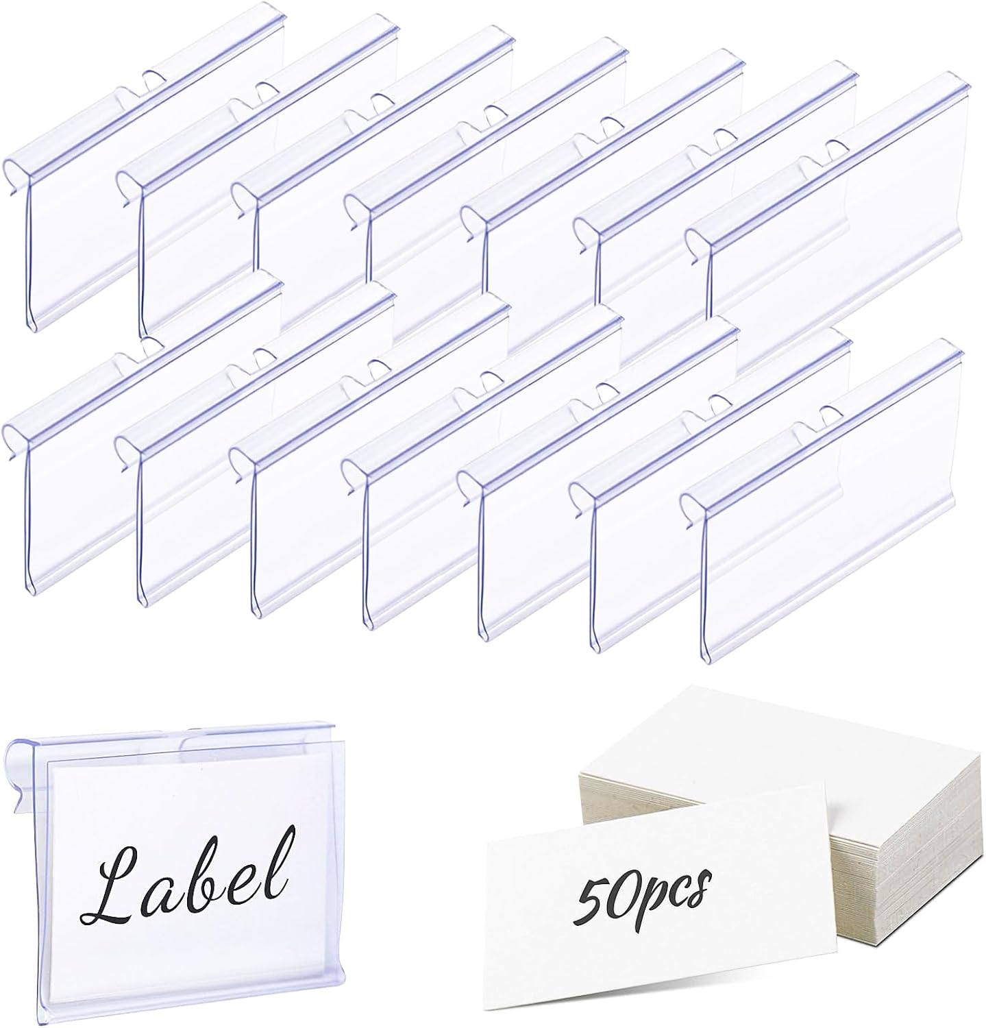 Meetory 50 PCS Clear Plastic Label Holders for Wire Shelf Retail Price Label, Basket Bin Labels Clip On, Labels for Storage Bins, Merchandise Sign Display Holder for Supermarket,Label Papers Included