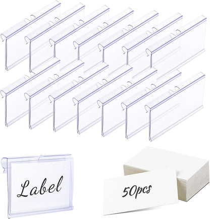 Meetory 50 PCS Clear Plastic Label Holders for Wire Shelf Retail Price Label, Basket Bin Labels Clip On, Labels for Storage Bins, Merchandise Sign Display Holder for Supermarket,Label Papers Included