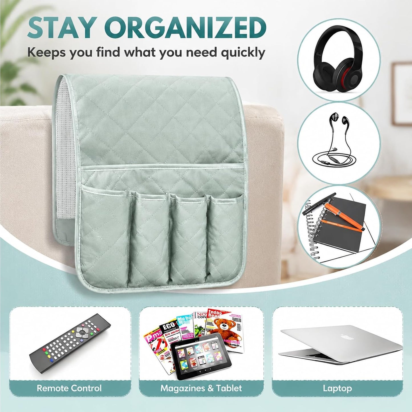 Armchair Caddy for Recliner, Non Slip Sofa Arm Organizer, Sage Green | 5-Pocket Recliner Armrest Organizer, Couch Side Storage Holder for Remotes, Cell Phone, Magazines & Tablets, Machine Washable