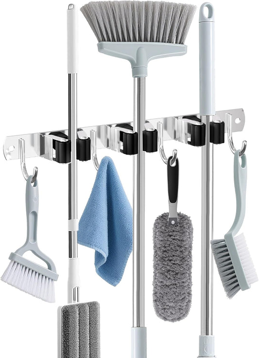 HANZENMA Broom Holder Wall Mount, Broom Organizer Wall Mount Stainless Steel Broom and Mop Hanger Heavy Duty Storage Organization for Home Kitchen Garden Garage Room 5 Racks 4 Hooks