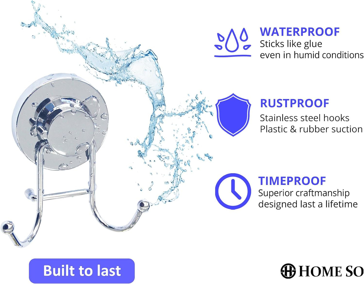 HOME SO Suction Cup Hooks for Shower & Bathroom Towel Holder 1-Pack Chrome | Waterproof Rustproof Multipurpose Organizer Hook for Hanging Loofah Robe Coat Bath Accessories on Tile Glass Door Mirror
