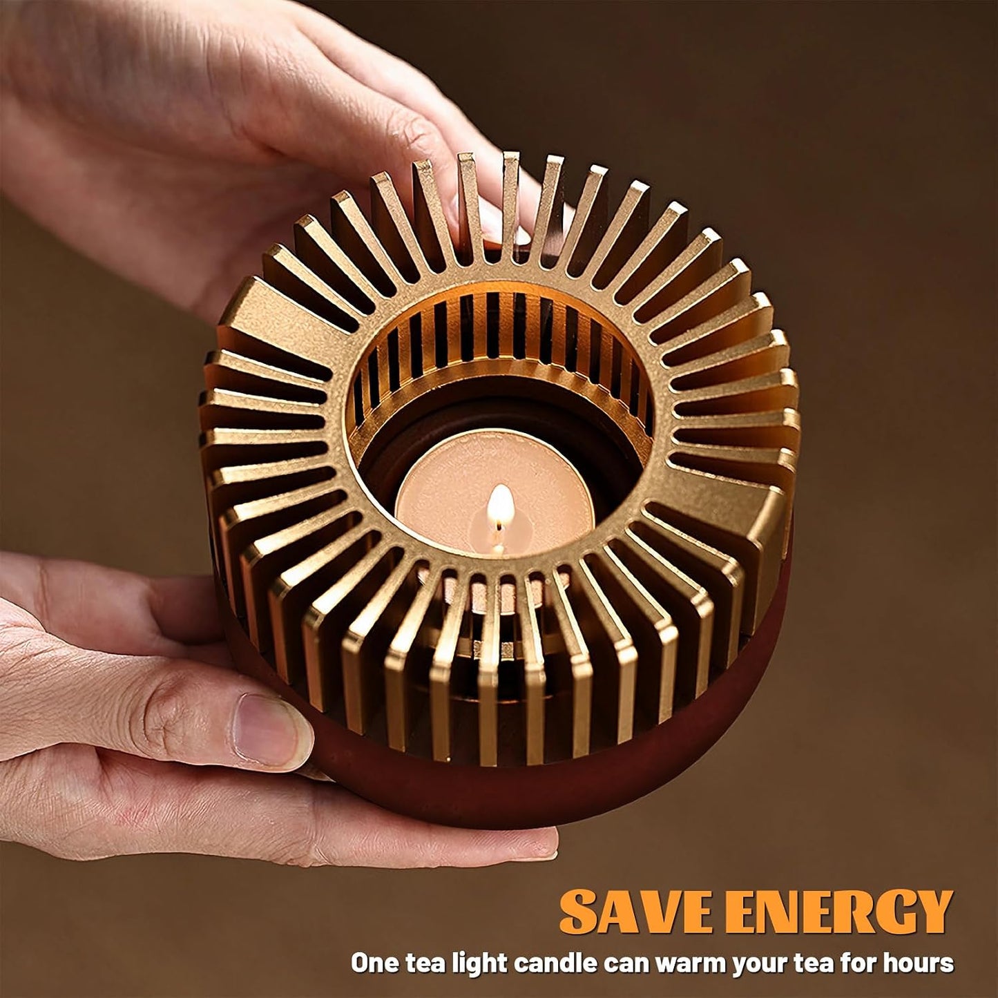 Inmorven Teapot Warmer, Aluminum Tea Warmer with Wooden Base, Candle Heater for Heating Tea, Coffee, Milk, Food,Camping and Traveling, Suitable for All Teapots-S