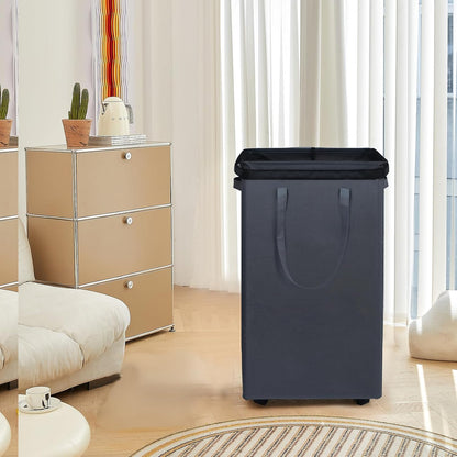 DOKEHOM 25" Slim Rolling Laundry Basket Hamper, Narrow on Wheels, Grey | Collapsible narrow laundry hamper with mesh drawstring closure. Foldable corner clothes storage bin for small spaces