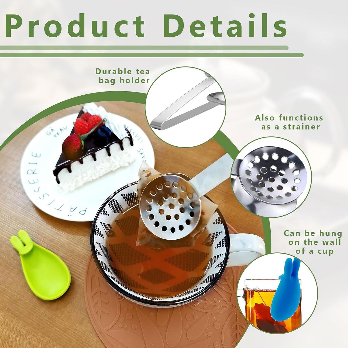 1 Pcs Tea Bag Squeezer,With 2pcs Bunny Silicone Tea Bag Holders | Round Stainless Steel Tea Bag Tongs,For Kitchen Bar Tools