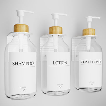 3 Pack Wall Mount Shower Dispenser, No Drill, 16 Waterproof Labels | Shampoo Dispenser for Shower Wall, Shampoo and Conditioner Dispenser, Bathroom, 17oz, Gold Amber