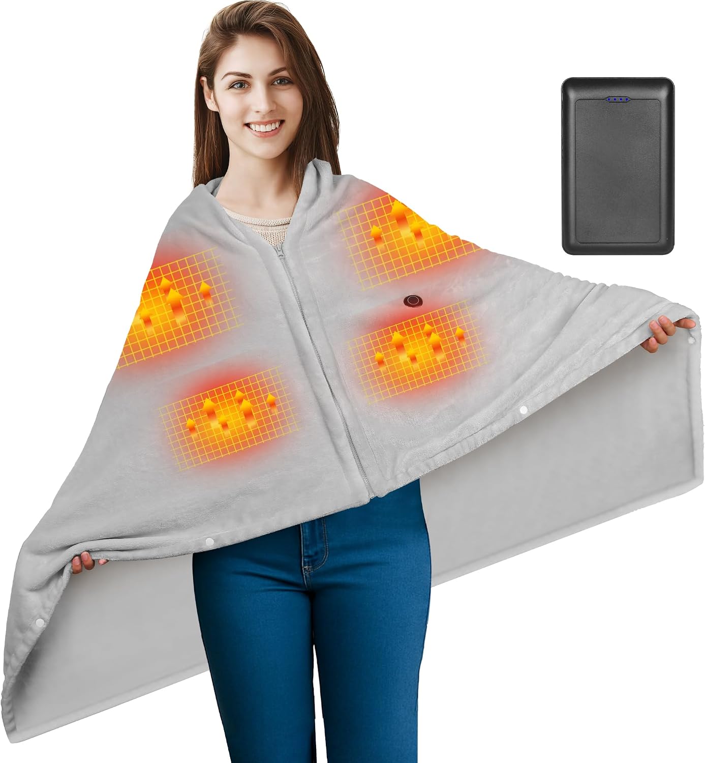 Heated Blanket Battery Operated with Fleece Lining 7.4V 16000mAh Battery 62" x 35" Heated Shawl Wraps for Women Men Cordless USB Outdoor Portable Electric Blanket 6 Heating Zones Khaki
