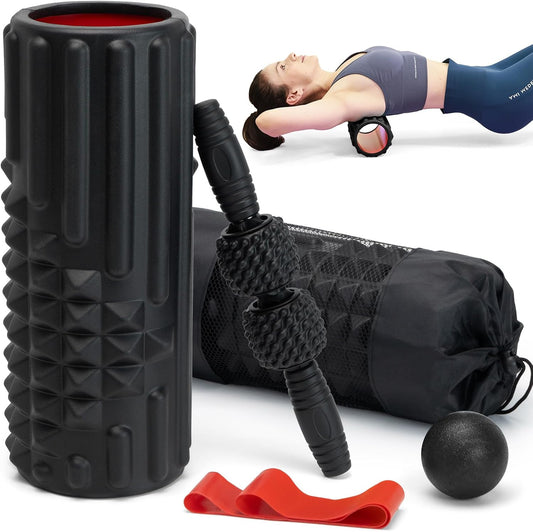 5 in 1 Foam Roller Set, High Density Patented Exercise Roller | Deep Tissue Massage Roller Stick, Massage Ball, Resistance Band for Pilates, Yoga, Whole Body Fitness Exercise, Orange