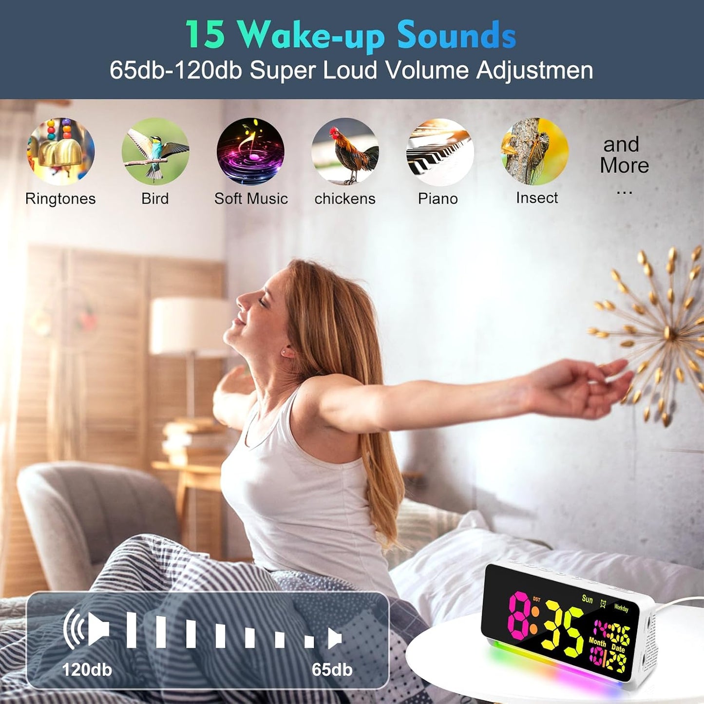 120db Super Loud Alarm Clock for Heavy Sleepers, Bluetooth Connection | 15 Wake Up Sounds, 7 Color Night Light, Dynamic RGB Color Changing, 0-100% Dimmer, Snooze, Digital Clock for Bedroom