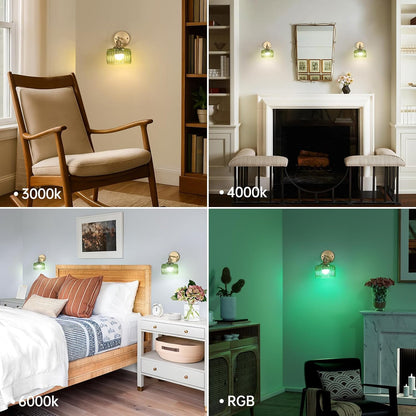Shenmoyl Battery Operated Wall Sconce with Green Striped Shade Pattern Glass Adjustable Chain Retro Gold Wall Mounted Light, Modern Wall Lamp Fixtures Decor for Bedside Bedroom Indoor Doorway