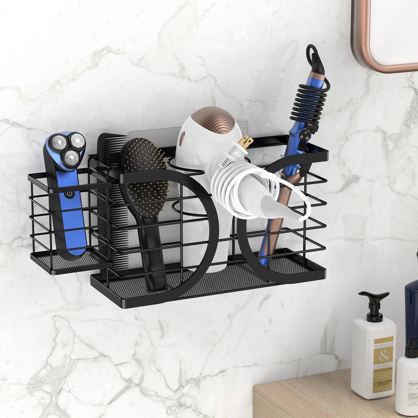 Hair Dryer Holder 3 in 1 Hair Tool Organizer - Blow Dryer Holder | Djustable Height Wall Mounted/Cabinet Door Bathroom Organizer Under Sink for Hair Dryer, Flat Irons, Curling Wands