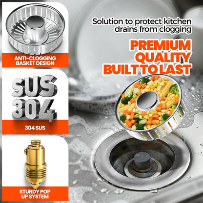 3 in 1 Kitchen Sink Drain Strainer Stopper Basket Pop Up Silver | Kitchen Sink Accessories Strainer Basket 2 Pack Silver,Stainless Steel Anti-Clog Catcher, Odor-Blocking Seal Fits 3.5" Drain