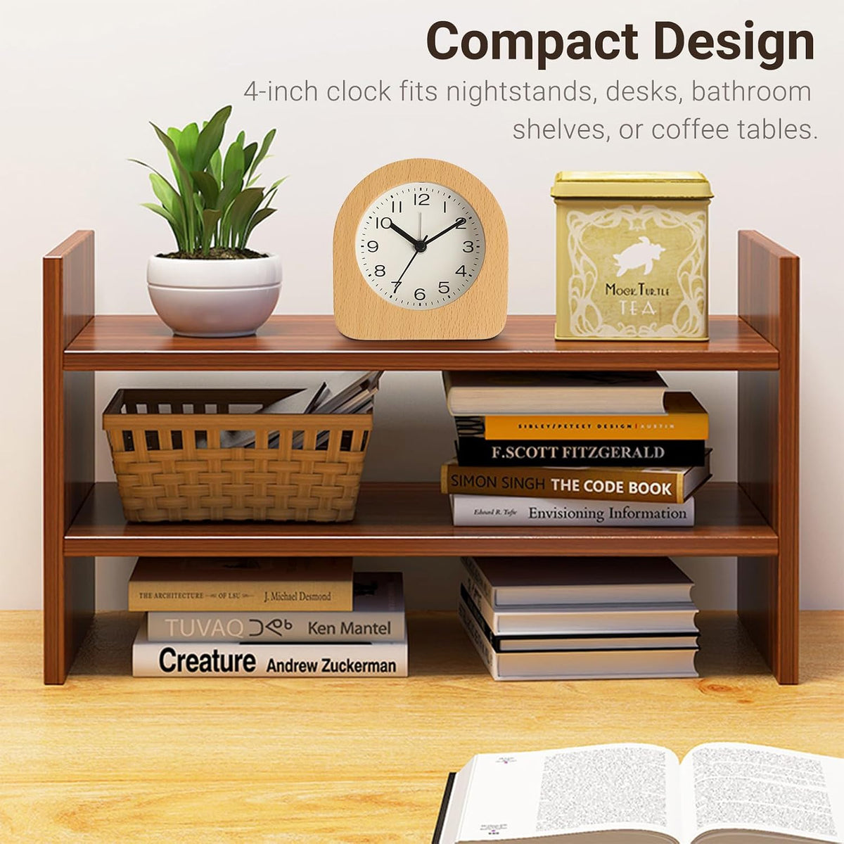 Vintage Solid Wood Analog Alarm Clock, Battery-Operated Alarm Clocks with Non-Disruptive Night Light, Non-Ticking Alarm Clock with Snooze Button and Soft Alarm Tone. (Dark Brown)