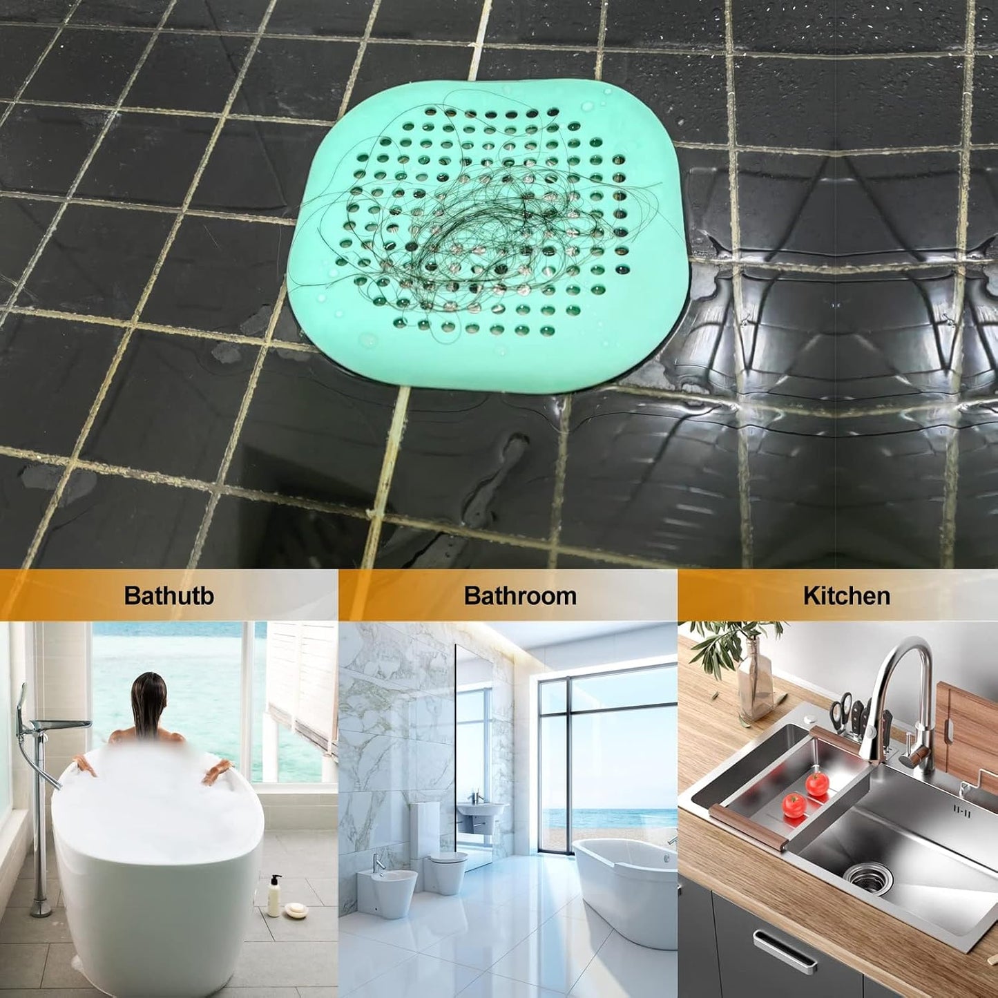 Bovinde Hair Drain Catcher,Square Cover for Shower 2 Pack (Black) | Drainer Cover Silicone Hair Stopper with Suction Cups,Protector Accessories,Easy to Install Suit for Bathroom,Bathtub,Sink