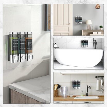 Shampoo and Conditioner Dispenser,Shower Soap Dispenser 3 Chamber No Drill Wall-Mounted Shampoo Dispenser for Shower Wall Mounted Shower Dispenser for Bathroom Hotel Large Capacity, Clear Bright