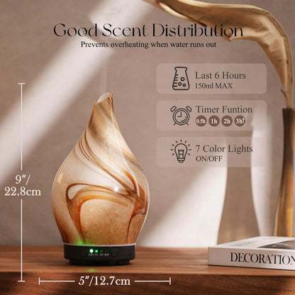 Porseme Oil Diffuser 3D Glass Aromatherapy Ultrasonic Humidifier, Air Refresh Auto Shut-Off, Timer Setting, BPA Free for Home Hotel Yoga Leisure SPA Gift 150ml Last 6H - Colors A