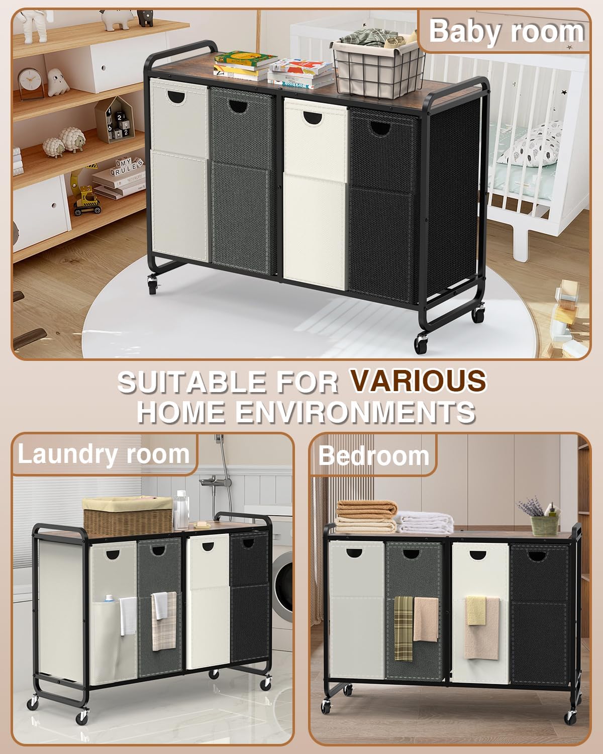 Laundry Sorter 3 Section,Laundry Basket with Wheels,3×15.8 Gal (60L) | Laundry Room Organization with Wooden Desktop Shelf,Pull-Out and Removable 900D Oxford Fabric Laundry Bags for Laundry Room