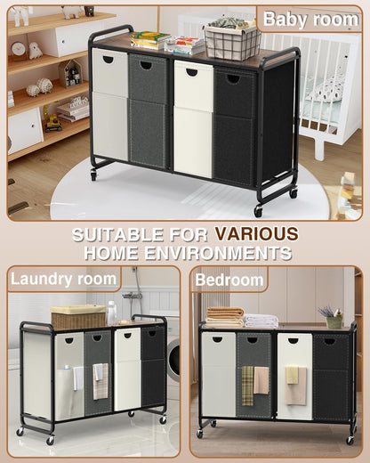 Laundry Sorter 3 Section,Laundry Basket with Wheels,3×15.8 Gal (60L) | Laundry Room Organization with Wooden Desktop Shelf,Pull-Out and Removable 900D Oxford Fabric Laundry Bags for Laundry Room