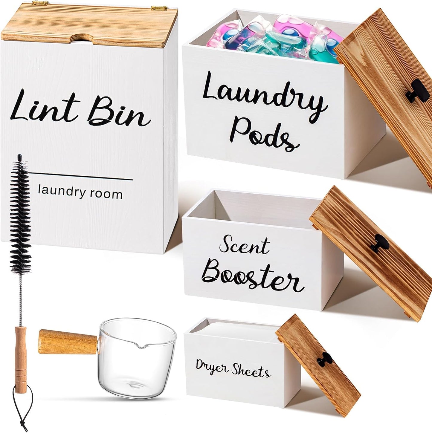 4 Pcs Magnetic Laundry Pod Holder Laundry Room Container Set, Lint Bin with Scoop and Brush Dryer Sheet Holder, Scent Booster Container Rustic Gift Wood Farmhouse Room Decorcontainer(Black)