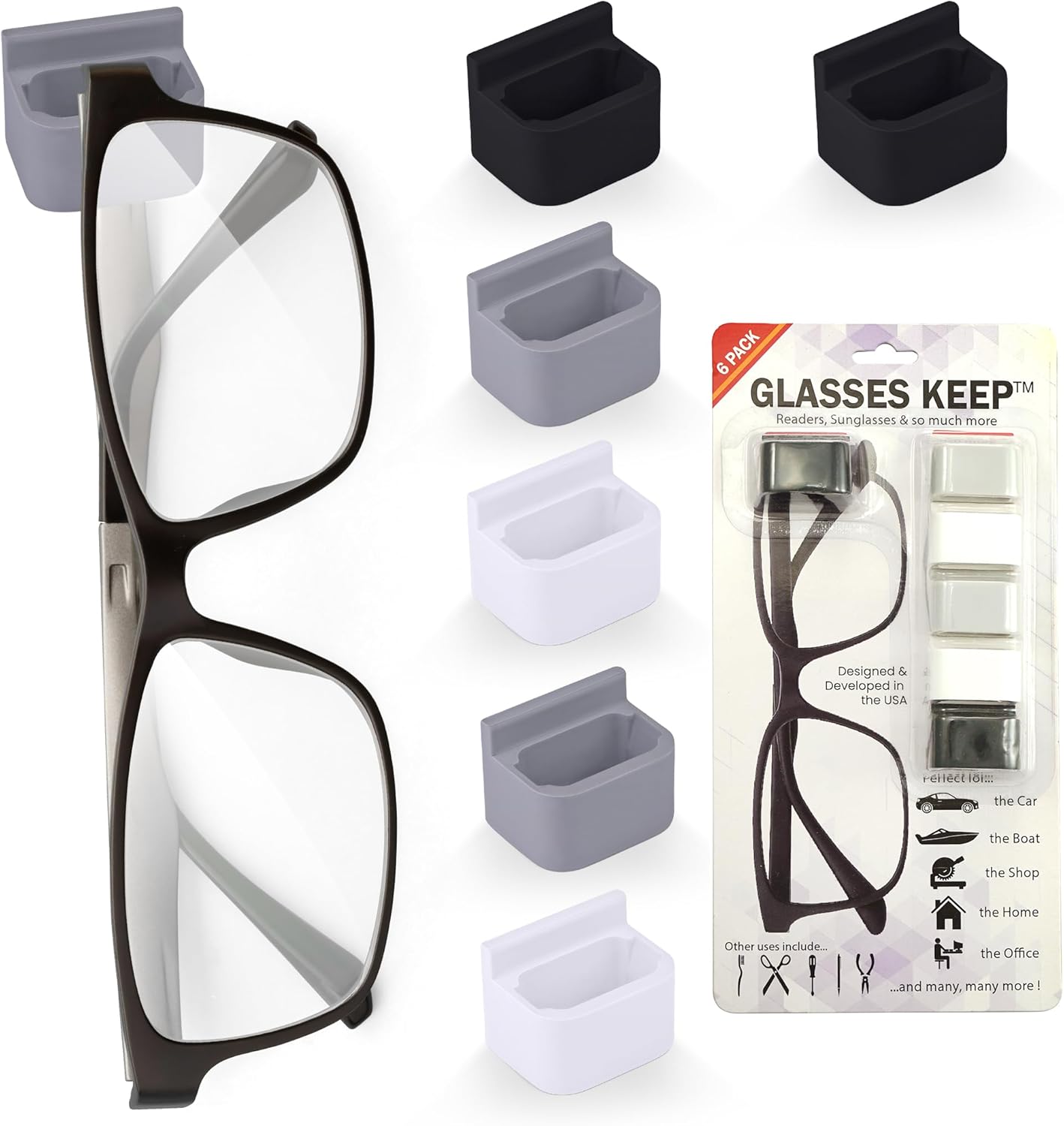 Glasses Keep Sunglass Organizer, Wall Mounted Eyeglass Holder, 6 Pack | Compact Sunglass Holder, Sunglass Hanger with Strong Adhesive Hold, Woodworking Shop & Dashboard Use, Prevent Misplacement