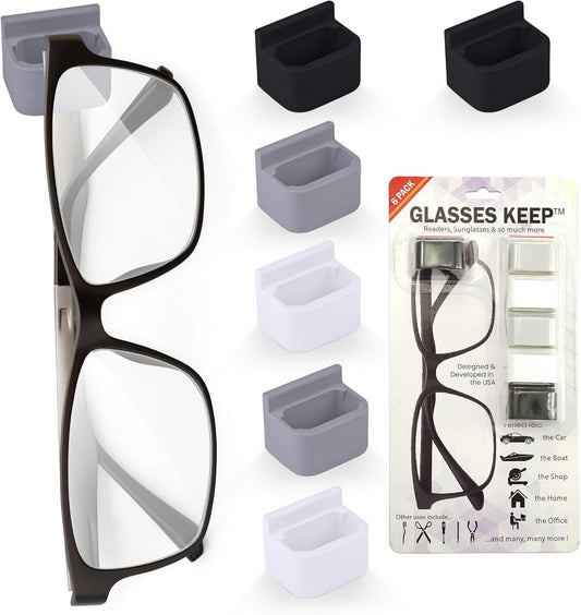 Glasses Keep Sunglass Organizer, Wall Mounted Eyeglass Holder, 6 Pack | Compact Sunglass Holder, Sunglass Hanger with Strong Adhesive Hold, Woodworking Shop & Dashboard Use, Prevent Misplacement