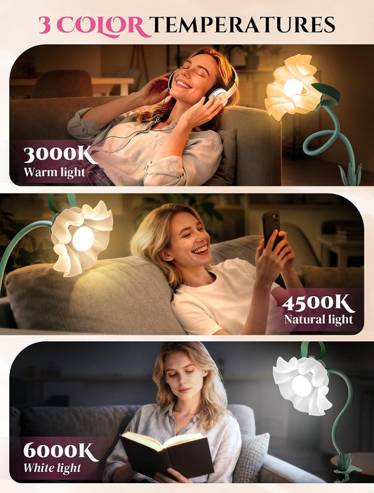 Clip On Flower Lamp for Bedroom, Aesthetic Bedside Reading Light with Flexible Gooseneck, 3 Color Modes Cute Desk Lamp Decor for Dorm Room, Headboard, Nightstand and Home Office