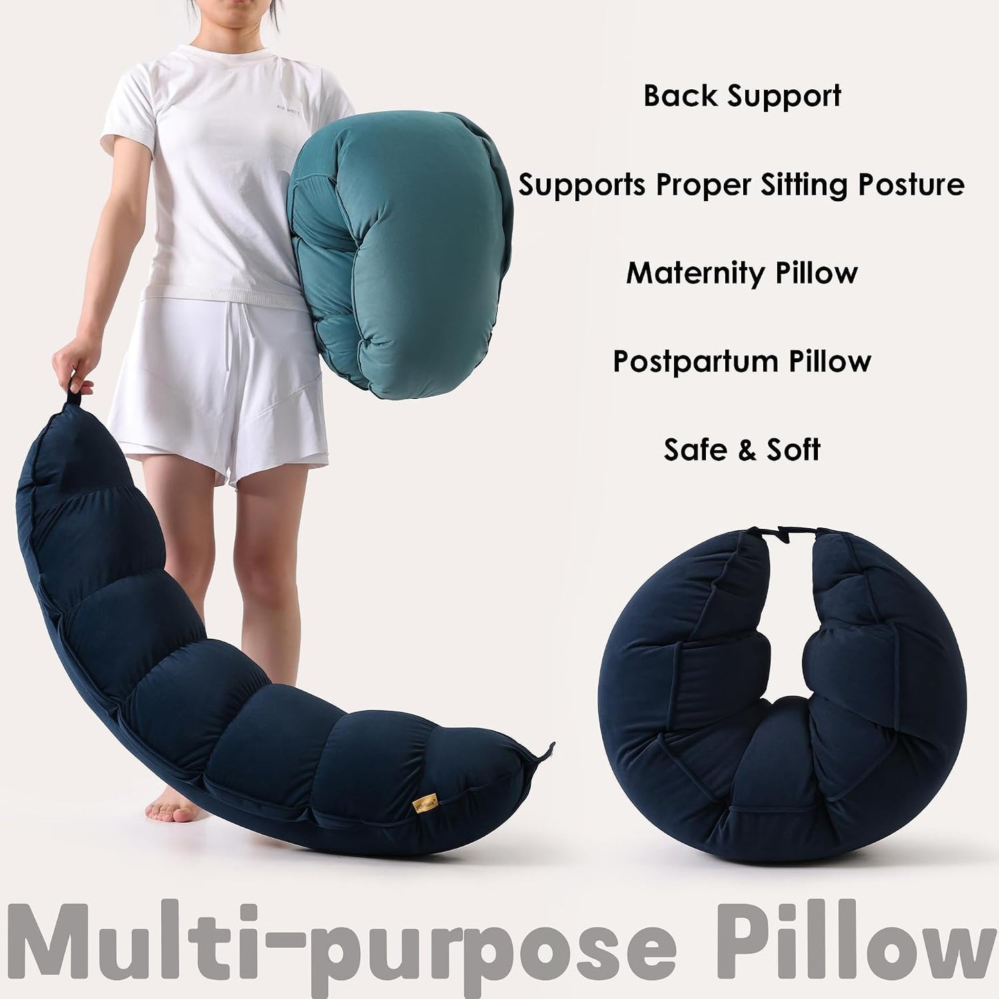 Peallow(Pat. Pend) – Long Round Body Pillow for Adults, Bolster Pillow for Sleeping, Soft and Supportive Pillow for Sleeping & Lumbar Support (Green-White, 29.5")