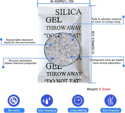 50PCS 5Gram Silica Gel Packets, Premium Moisture Absorbers, Desiccant Packs | Rechargeable Silica Packets for Storage Clothes, Shoes, Electronics, 3D Filament, Safes, Humidity Packs Dehumidifier Bags