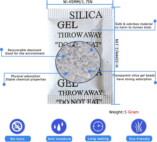 50PCS 5Gram Silica Gel Packets, Premium Moisture Absorbers, Desiccant Packs | Rechargeable Silica Packets for Storage Clothes, Shoes, Electronics, 3D Filament, Safes, Humidity Packs Dehumidifier Bags