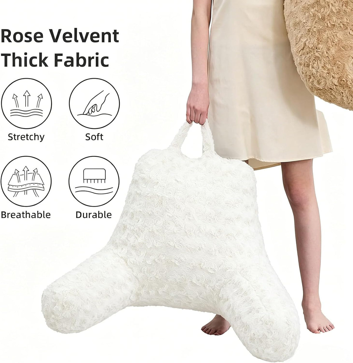 Reading Pillow, Rose Velvet Back Pillow with Arms for Bed Sitting Up, Bed Pillow for Adult Children, Backrest Pillows with Washable Cover, Chair Pillow for Watching TV/Gaming/Relaxing (Pink)