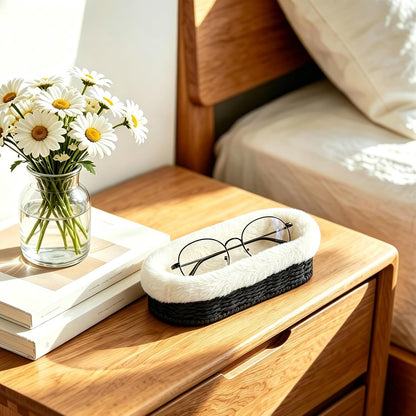 Glasses Holder, Paper Rope Plush Lined Eyeglass Holder Stand, Jewelry Key Tray Storage Organizer for Nightstand, Desk