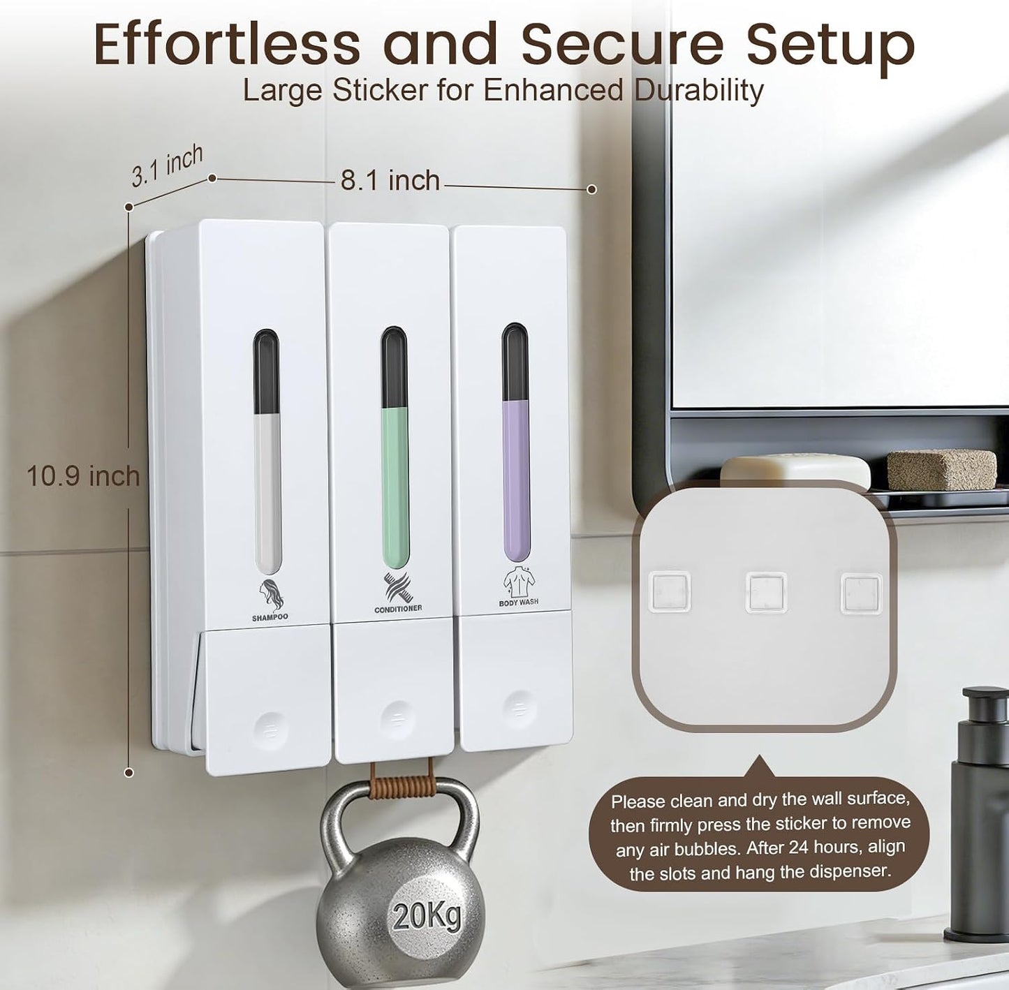 3 Chamber Shampoo and Conditioner Dispenser Set, No Drill Shower Soap | Refillable wall-mounted bottles, BPA-free. 3x400ml. Dispenses shampoo, conditioner,body wash, soap, lotion, gel. Black.