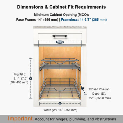 2 Tier Pull Out Cabinet Organizer - 20" W x 22" D Soft Close Slide Out Shelves with Shelf Liners - Pullout Drawers for Kitchen Cabinets, Pantry, Bathroom, Heavy Duty Steel Wire Baskets