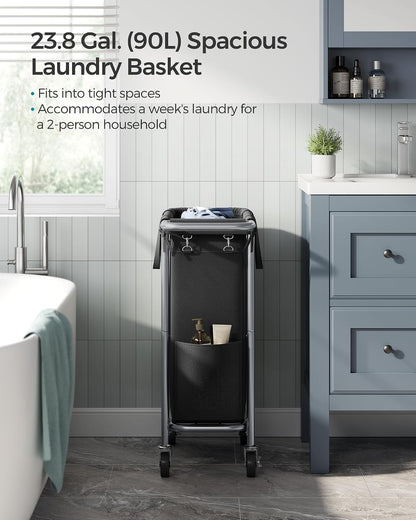 SONGMICS Laundry Basket with Wheels, 4-Section Rolling Laundry Hamper, 68.6 Gallons (260 L), Removable Liner, Steel Frame with Handle, 43.3 x 15.4 x 31.9 Inches, Cream White URLS014W01