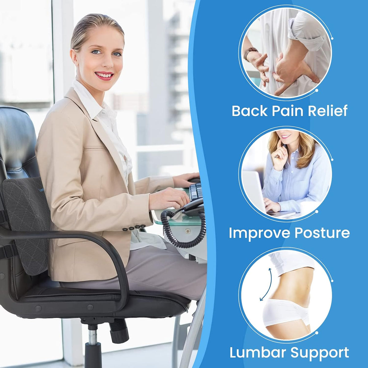 Lumbar Support Pillow for Office Chair, Back Support, Memory Foam, Grey