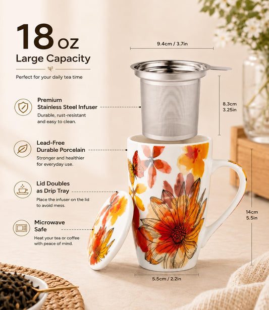 GBhome Tea Mug with Infuser and Lid,18 Ounce Ceramic Loose Leaf Cup Steeper