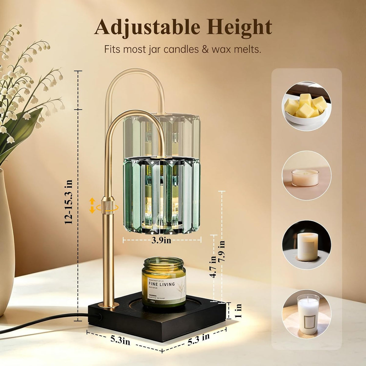 Yuichoy Candle Warmer Lamp with Timer, Dimmable Electric Candle Wamer Adjustable Height, Glass Modern Candles Melter Lamp, Gifts for Women Mom, Clear