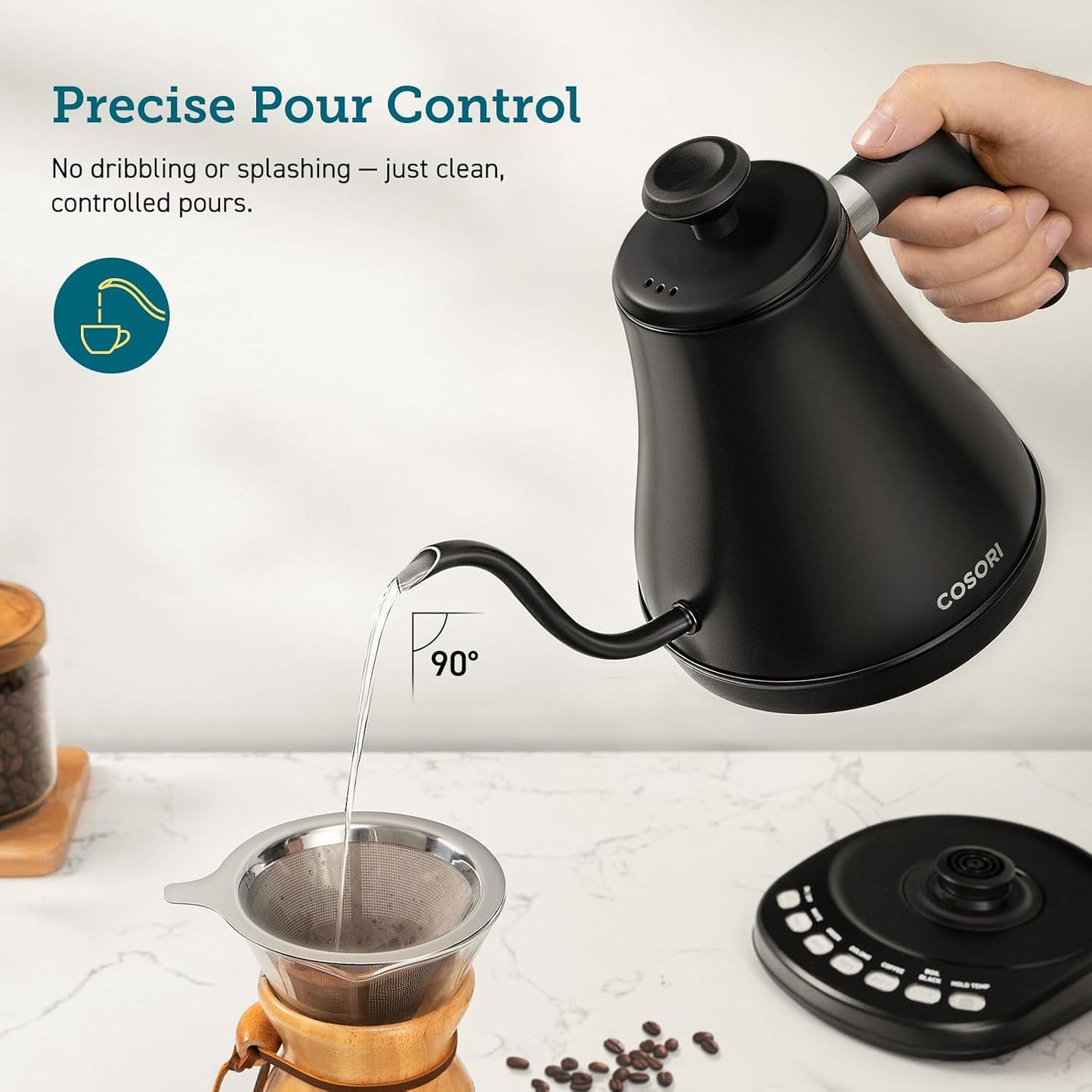 COSORI Electric Gooseneck Kettle Smart Bluetooth with Variable Temperature Control, Black & Pour Over Coffee Maker with Double-layer Stainless Steel Filter, 34 Ounce