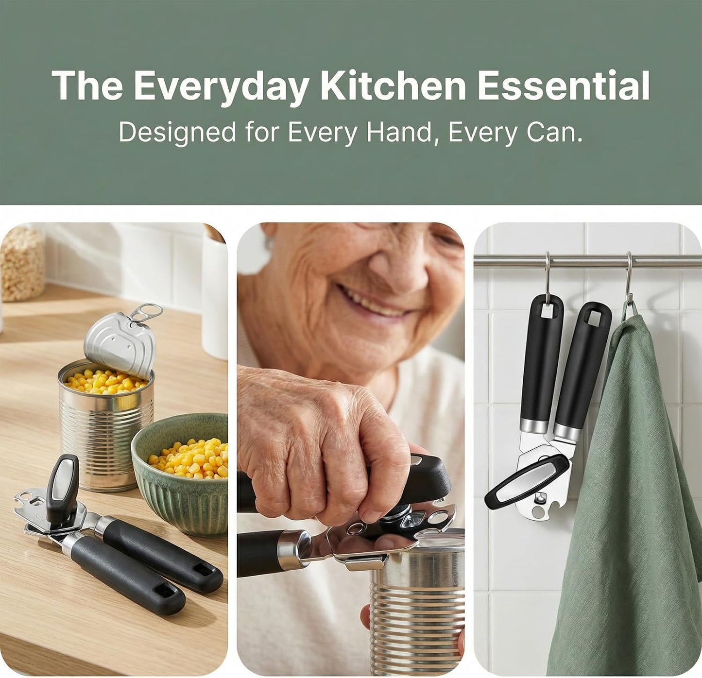Heavy Duty Manual Can Opener, Stainless Steel, Black | 2-In-1 Can & Bottle Opener, Smooth Edge Sharp Cutting, Soft Oversized Handle, Easy Clean, Multifunctional Kitchen Tool